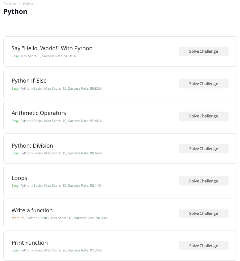 list of first 7 HR Python Challenges